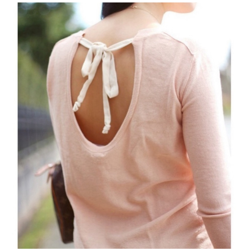 Babaton Pink White Silk Cashmere Crew Neck Sweater Small Bow Tie Open Back